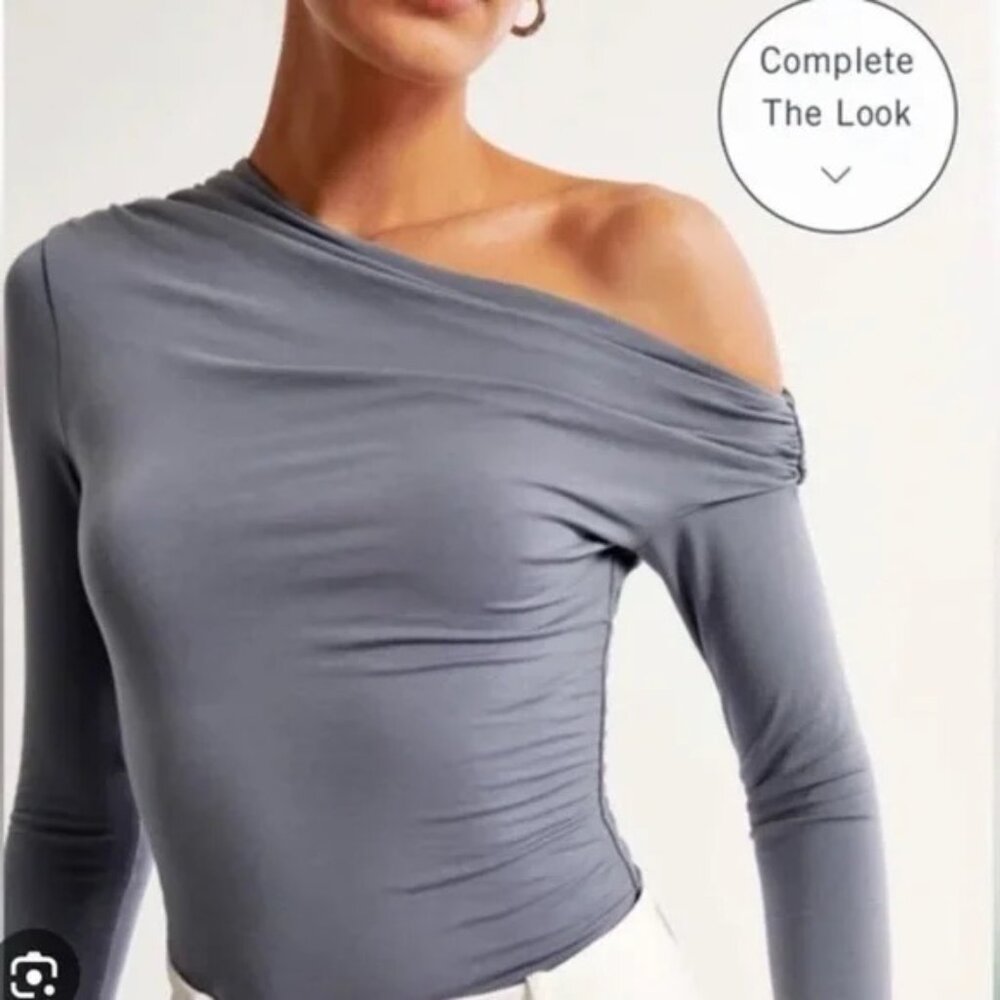 Abercrombie & Fitch Blue Draped Asymmetrical Long Sleeve Thong Bodysuit XXS - Picture 2 of 8